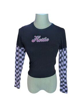 Checkered Sleeve Hottie Cropped Long Sleeve Top Small